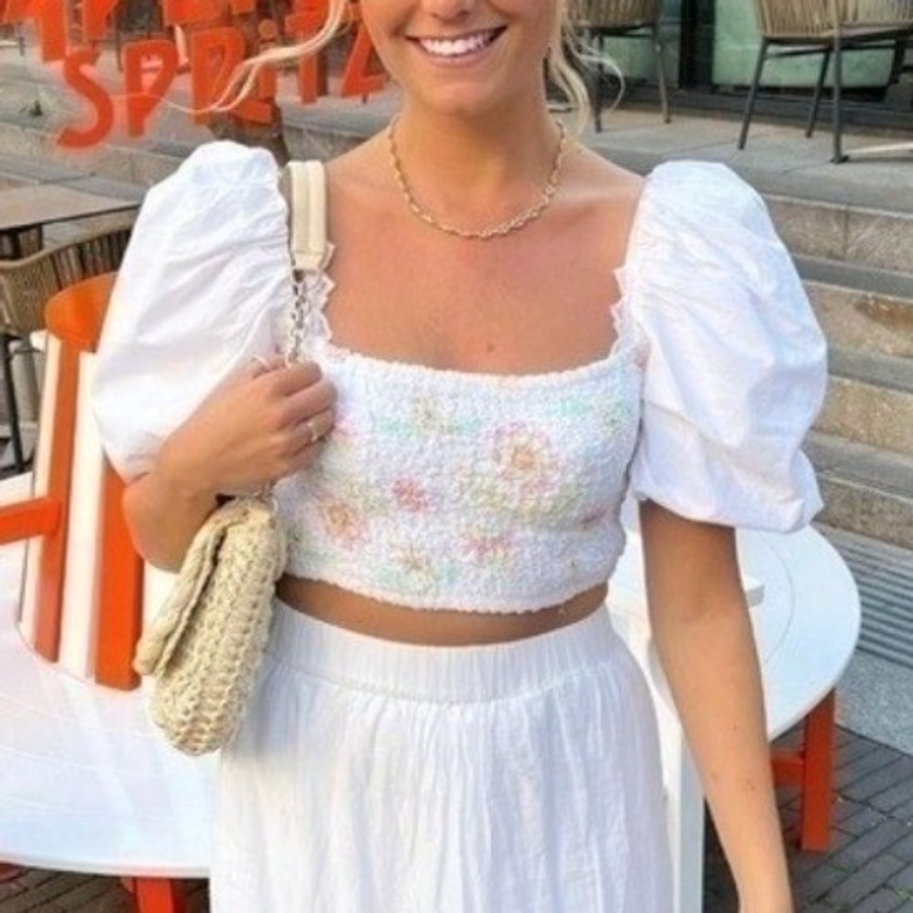 Zara Milkmaid Floral Smocked Puff Sleeve White Crop Top Medium Romantic Cottage